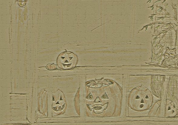 Martha stepped into the house, turned on the porch light, and returned to get a better look at the carved pumpkin. With a small gasp she jerked back, her foot slipped in something slick on the porch floor, she tumbled into the railing and came to rest beside the over-sized pumpkin with its double grimace.